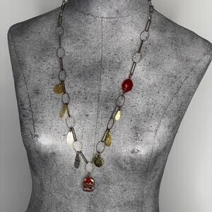 Chico's necklace signed jewelry Chunky chain link charm wide with beads red gold